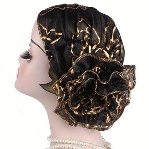 Black Elegant Hot Stamping Flower Pre-Tied Head Scarf Stylish Turban Cap